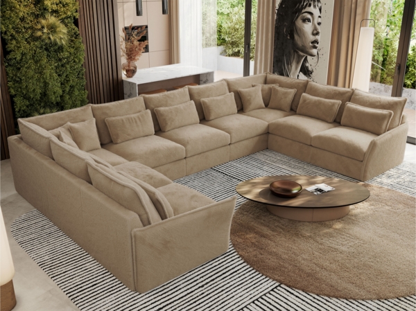 XXL U-förmige Ecksofa, modulares Ecksofa mit losen Kissen, Wohnlandschaft, universelles Ecksofa für das Wohnzimmer - VERSO U 9M - Beige Plüschstoff