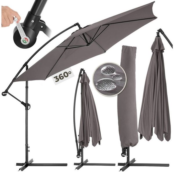 tectake Ampelschirm Gartenschirm Ø 350 cm, leichtgängiger Mechanismus, Balkonschirm Ciccio, in Grau, Winddach und Schutzhülle für zusätzlichen Schutz
