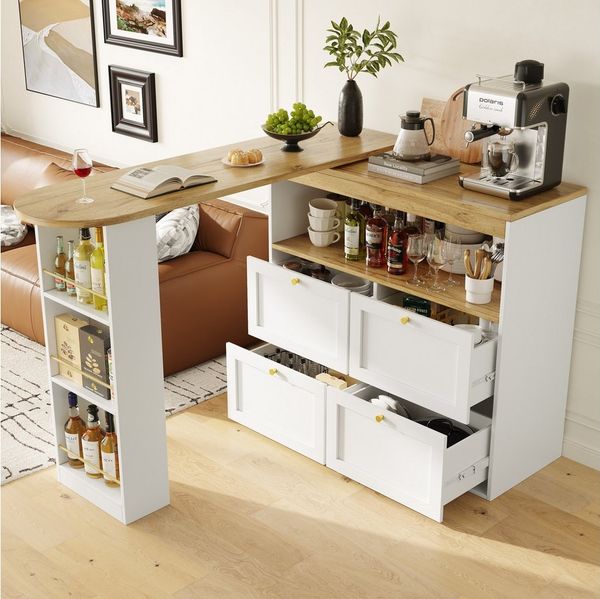 Flieks Bartisch 360° drehbar Stehtisch mit Kommode (Länge 138-204 cm/T39/H104 cm, 2-St, für Esszimmer/Arbeitszimmer/Wohnzimmer), ausziehbar Esstisch mit 4 Schubladen und Ablagen Sideboards Weiß
