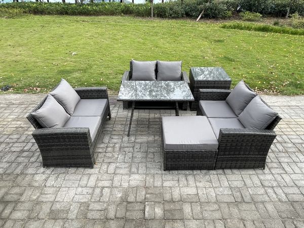 Fimous 7-Sitzer Hoher Rücken Rattan Gartenmöbel Sets mit Rechteckiger Esstisch Loveseat Sofa 2 Großer Hockern Beistelltisch