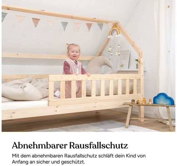Ehrenkind Hausbett aus nachhaltigem Kiefernholz (mit abnehmbarem Rausfallschutz aus nachhaltigem Holz, Erhältlich in Natur und Weiß Kinderbett 80x160/90x200 cm), höhenverstellbar, nachhaltiges Kiefernholz, hergestellt in Europa