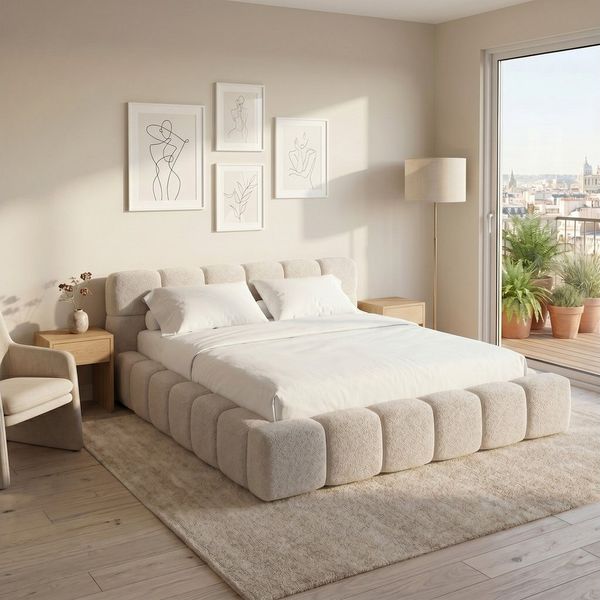 Muffo Polsterbett mit Bettkasten AMITY mit Lattenrost Boucle Stoff (Beige, Olivegrün, Grau und mehr, Doppelbett 140x200 / 160x200 / 180x200 / 200x200 cm), mit Kopfteil Frei Verwendungsstelle