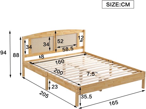 Rattanbett 160x200 cm Jugendbett Erwachsenenbett Doppelbett Kiefer Rattan Naturstil Bild 8