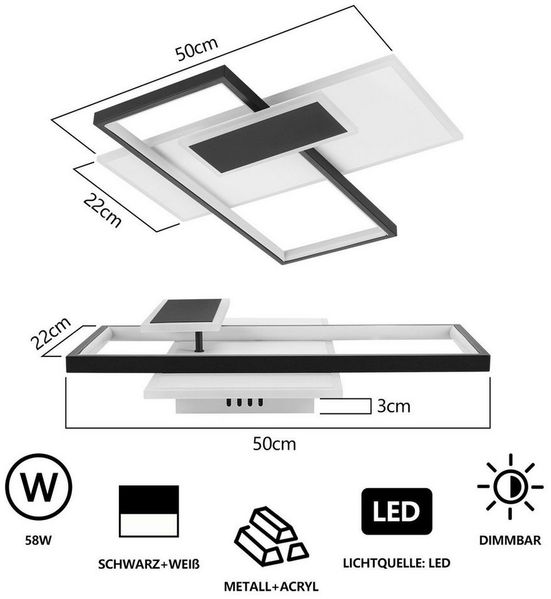 ZMH LED Deckenleuchte Wohnzimmer Dimmbar Deckenlampe Schwarz und Weiß Treppenhaus 58W, Augenschutz, Einfache Installation, LED fest integriert, 3000-6500K, Modern Geometrische Schlafzimmerlampe mit Fernbedienung Büro Bild 3