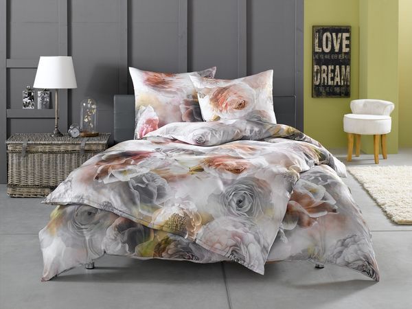Mako Satin Rosen Bettwäsche grau rosé 140x200 + 70x90