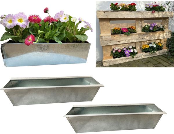 2er Set Zink Paletten Blumenkästen - Einsatz 38cm groß Silber - aus Metall verzinkt - Zinkkasten Pflanzkasten Balkonkasten Blumentopf für Europaletten