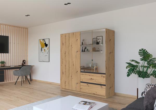 rauch Kleiderschrank, Drehtürenschrank COSTA, 4-türig, 2 Spiegeltüren, 2 Schubkästen, push-to-open, Eiche Artisan, 181 x 197 x 54 cm