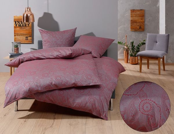 Bettwaesche-mit-Stil Mako-Satin Damast Paisley Bettwäsche "Davos" rot - grau Garnitur 135x200 + 80x80