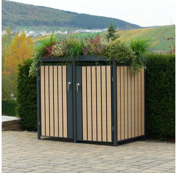 Zelsius Mülltonnenbox mit Pflanzdach für 4 Tonnen, 120 - 240 Liter, Verzinkter Stahl / Holzoptik RAL 7016, 264x80x124 cm