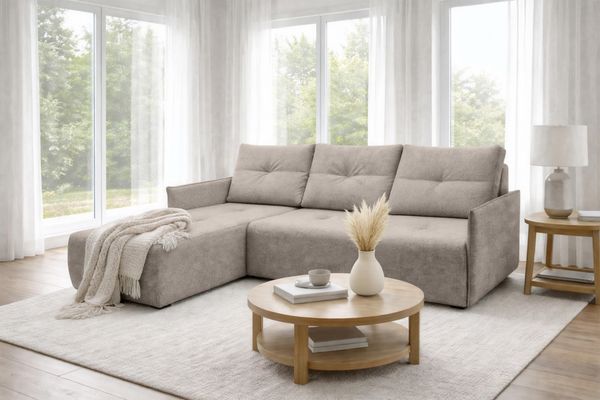 AX LIVING Ecksofa Damascus Hellbraun mit Schlaffunktion Bettkasten Schlafsofa 212 cm links