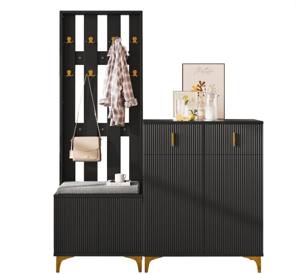 Garderobenset mit Schuhbank und Kissen, Garderobenfront mit Haken, Schuhschrank mit Schubladen und Türen
