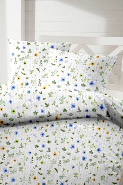Primera Soft-Seersucker Bettwäsche 155x220 Wiesenblumen blau gelb weiß 213042-53