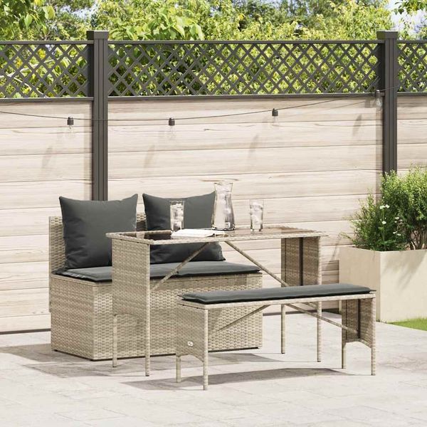 vidaXL 3-tlg. Garten-Essgruppe mit Kissen Hellgrau Poly Rattan 4104186