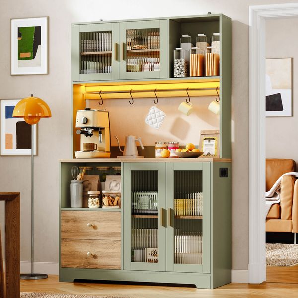 Merax 178 cm Küchenschrank, Hochschrank mit LED, Küchenregal mit Steckdose, Vitrine mit Türen aus gehärtetem Glas, Weinregal, Grün