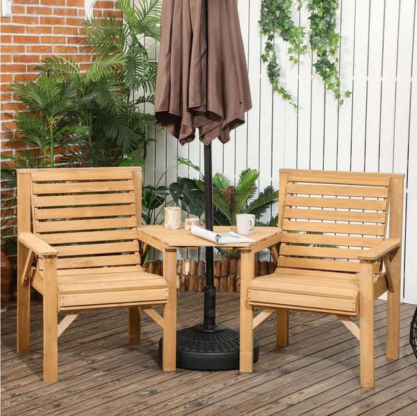 Outsunny Balkonset mit Lamellendesign, Sonnenschirmloch, (Bistro-Set, 3-tlg, Gartenmöbel Set), Braun