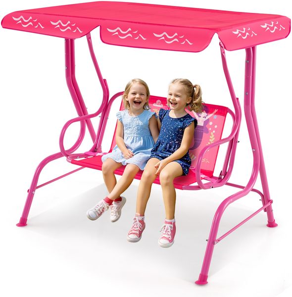 Kinder Hollywoodschaukel 2-Sitzer Kinderschaukel mit verstellbarem Sonnendach & Metallgestell Rosa