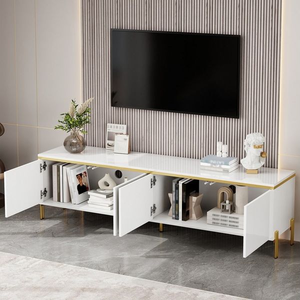 OKWISH TV-Schrank Fernsehschrank 170x50x38 cm mit 4 Türen und Kabeldurchlässen (Packung, 1-St, Goldkantenband, Stabile und elegante Metallfüße) TV-Ständer mit Stauraum für das Wohnzimmer