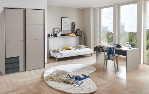 Jugendzimmer Bahamas Grau- Grafit mit Schwebetürenschrank und verschiedenen Bettvarianten und Zusammenstellungen wählbar - 5 teilig , Kleiderschrank + Passepartout + Klappbett + Lattenrost + Schreibtisch
