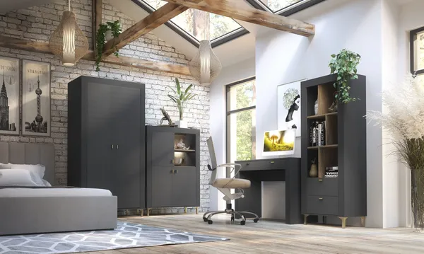 Jugendzimmer Mossa in Anthrazit & Eiche Whisky mit Polsterbett in 120er oder 140er Breite – moderne Komplettsets in verschiedenen Varianten wählbar - 5 teilig , Kleiderschrank 2türig + Polsterbett 120cm + Highboard + Schreibtisch + Regal