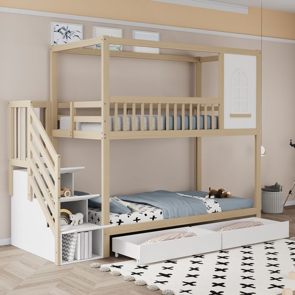 Kinder-Etagenbett 90x200 Massivholz Weiß & Holz Sicherheitsleiter Schubladen Stauraum