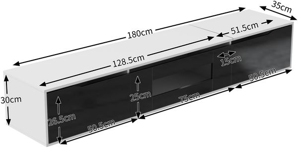 TV-Schrank 180 cm Schwarz Weiß Hochglanz mit LED Beleuchtung 16 Farben 4 Modi, Lowboard mit geriffelter Tür Bild 9