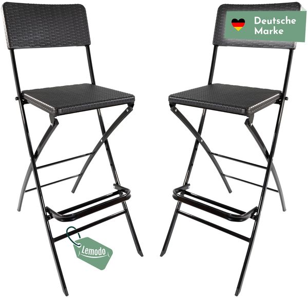 Barhocker mit Lehne, Rattan-Optik schwarz, klappbare Barstühle als 2er Set, Küchenhocker