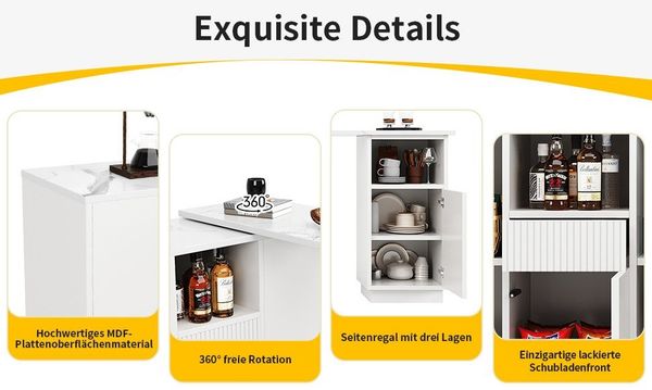 i@home Bartisch Um 360° drehbarer, Hauptkörper 198,5 x 30 x 75 cm (Bis 60 kg belastbar, geeignet für Küche, Wohnzimmer und Esszimmer), mit offenem Stauraum und Marmor-Arbeitsplatte, Weiß