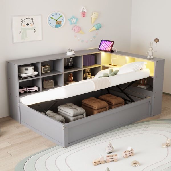 Merax Daybett LED Einzelbett, Schlafsofa 90*200, mit Mehrfachsteckdose und mehreren Staufächern, hydraulisches Bett, Massivholzbett, multifunktionales Holzbett, Grau