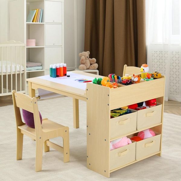 TLGREEN Kindertisch Zeichentisch, mit 2 Stühlen,Maltisch Kindersitzgruppe mit Stauraum