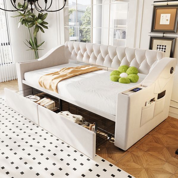 Polsterbett 90x190 cm mit Stauraumschubladen, Armlehnenfächern und USB-Anschluss in Beige