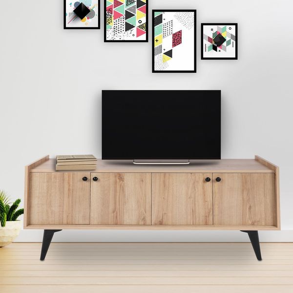 Hanah Home Modern Oak TV Stand, 150 cm | 100% Melamine Coated Particle Board, 18 mm Thick | Wall-Mountable, Plastic Legs, Multiple Shelves | Scandinavian Design
