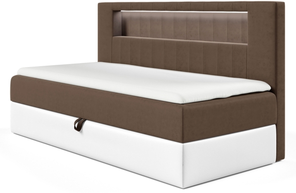 MEBLINI Kinderbett mit Bettkasten GARETH 2 80x200 – H3/Braun Samt Gepolstert Einzelbett mit Matratze - Polsterbett mit Stauraum - Bett mit Kopfteil – Stauraumbett