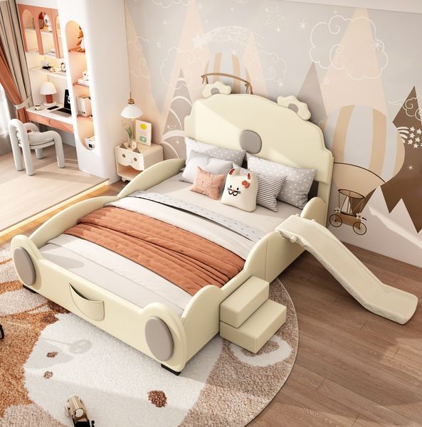 Kinderbett 140x200 cm mit Rutsche und Leiter – Bärenform aus PU und MDF in Beige