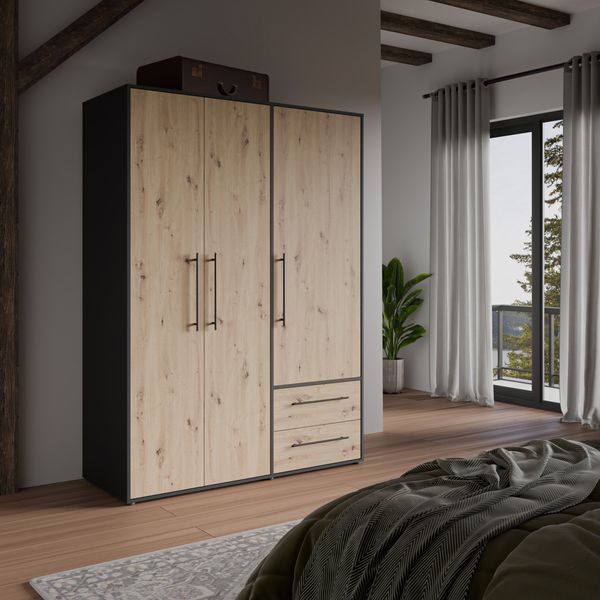 Forte MOKKARIS Kleiderschrank 140 150, moderner Drehtürenschrank, 3-türig, 2 Schubladen, Holzwerkstoff, Schwarz mit Artisan Eiche Holzdekor, 144,4 cm breit x 200,1 cm hoch x 58,8 cm tief