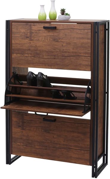 Schuhkipper HWC-A27 122 x 77 x 29 cm 3D-Struktur 3 Klappen ~ Wildeiche-Optik
