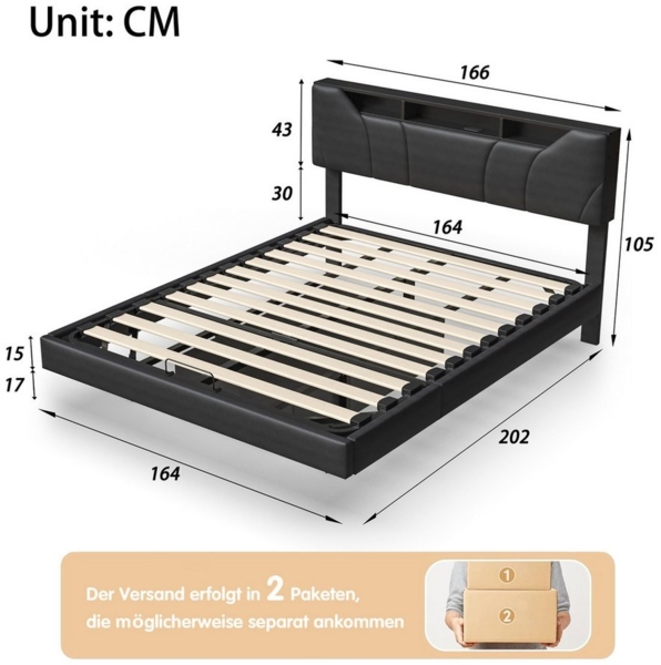 Furnishings Home Polsterbett Stauraumbett Doppelbett (Multifunktionsbett, USB & TYPE-C, Hydraulisch), Mit LED-Beleuchtung, Ladefunktion, Kunstleder, 160x200 cm Bild 2