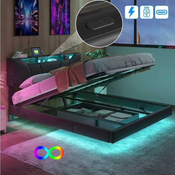 Furnishings Home Polsterbett Stauraumbett Doppelbett (Multifunktionsbett, USB & TYPE-C, Hydraulisch), Mit LED-Beleuchtung, Ladefunktion, Kunstleder, 160x200 cm Bild 3