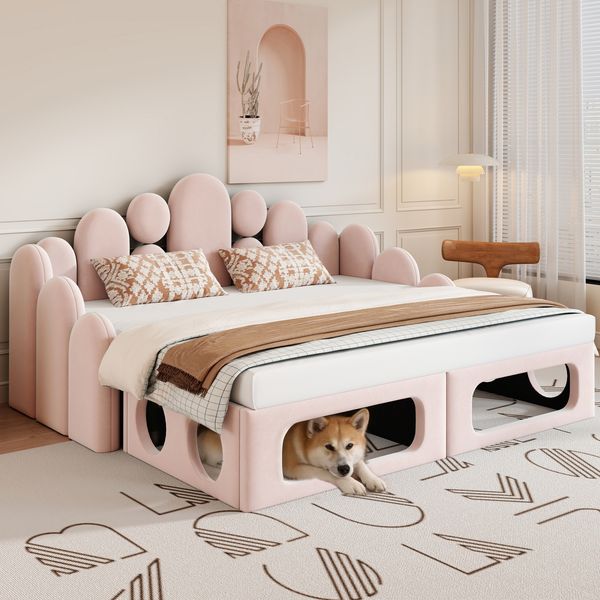 Gepolstertes Schlafsofa mit Haustierbett, 2-in-1 multifunktionales Polsterbett 180*200cm, Polsterbett mit weichem Samtstoff, Lattenrost und Rückenlehne, Rosa.