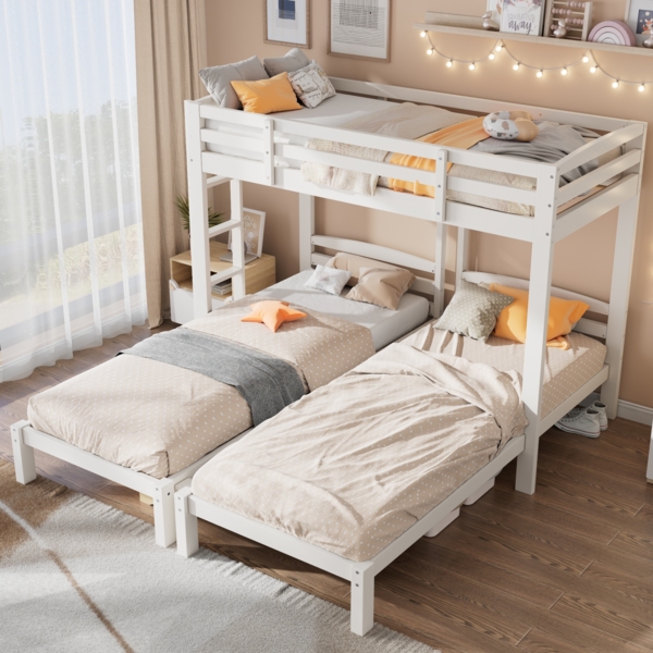 Merax Hochbett Etagenbett Dreierbett 90x200cm, Dreifaches Etagenbett mit Seitenleiter für Kinder und Jugendliche, Weiß Bild 1