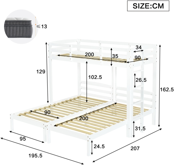 Merax Hochbett Etagenbett Dreierbett 90x200cm, Dreifaches Etagenbett mit Seitenleiter für Kinder und Jugendliche, Weiß Bild 4