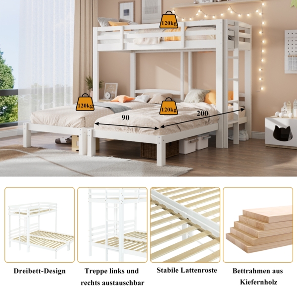 Merax Hochbett Etagenbett Dreierbett 90x200cm, Dreifaches Etagenbett mit Seitenleiter für Kinder und Jugendliche, Weiß Bild 5