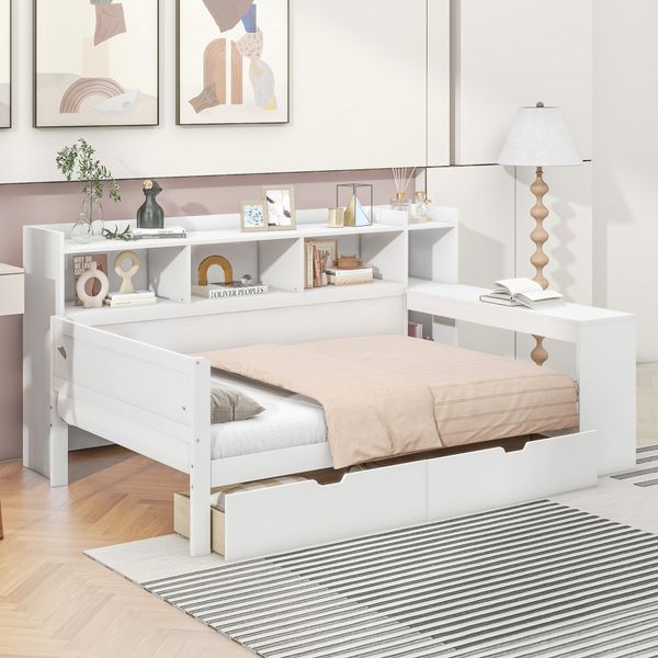 Bett 90x200 cm mit Schreibtisch, USB-Anschluss, Steckdose und 2 Schubladen, Weiß, ohne Matratze