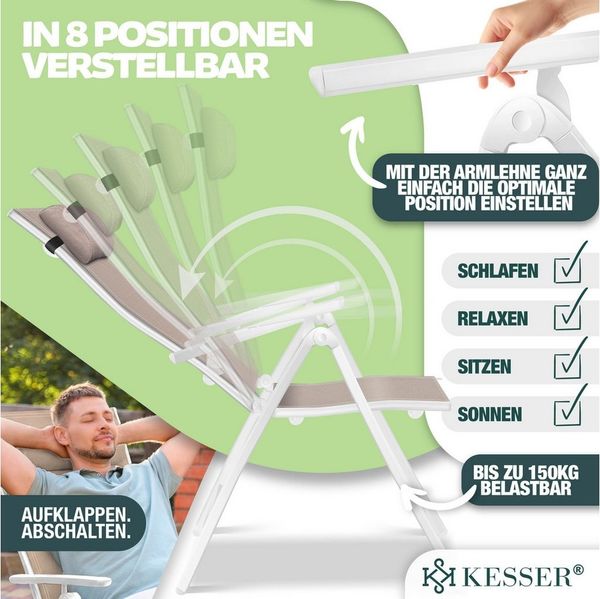 KESSER® Gartenstuhl, Hochlehner mit Armlehnen, Aluminium-Klappstuhl mit Kopfkissen & Cover, 7-fach verstellbare Rückenlehne, atmungsaktiv & wetterfest, klappbar & anti-rutsch, taupe Bild 3