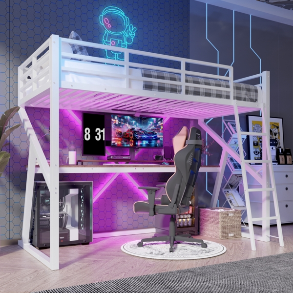 Kinderhochbett 90x200cm mit LED-Licht, Schreibtisch, Sicherheitsgeländer & Leiter, stabiler Metallrahmen