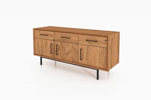 Kommode Seiba Wildeiche massiv 144x45x65 Fischgrätmuster 3 Schubladen 3 Türen