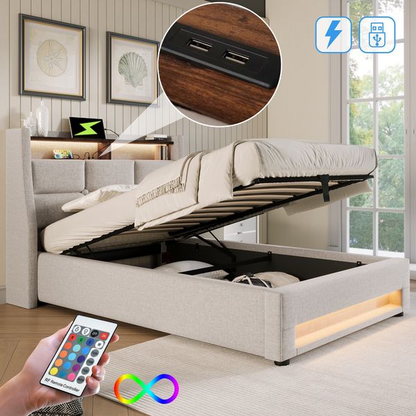 Polsterbett 90x200 cm mit LED-Beleuchtung & USB-Anschluss,Vintage-Leinenoptik,Stauraum unter dem Lattenrost,Hellbeige