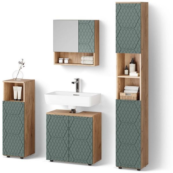 Livinity® Badmöbel-Set Ronco, Grün/Goldkraft Eiche/Goldkraft Eiche, 4 Teile, mit Hochschrank, (4-St)