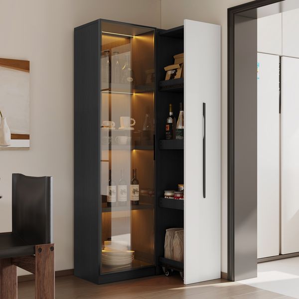Flieks LED Vitrinenschrank 70×40×160 cm, Multifunktionsschrank mit Glasvitrine, Bücherregal & Aufbewahrungsschrank, Rollschrank schwarz & weiß