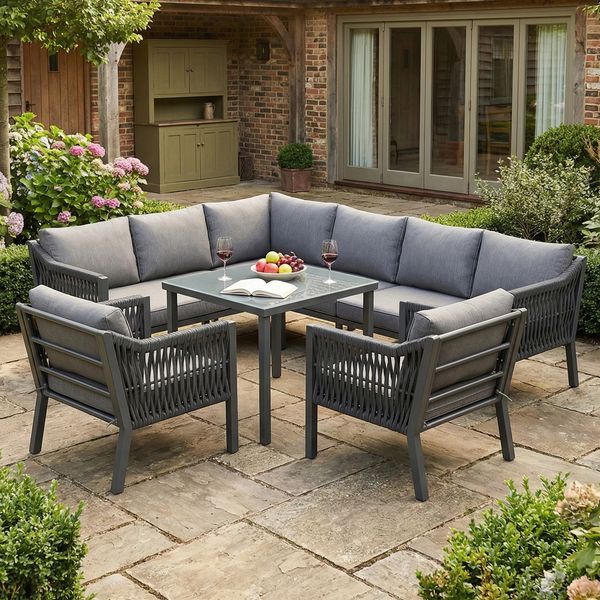 Merax Gartenmöbel-Set für 8 Personen, Gartenlounge-Set, bestehend aus einem Esstisch, zwei Sesseln und einem Ecksofa, Grau