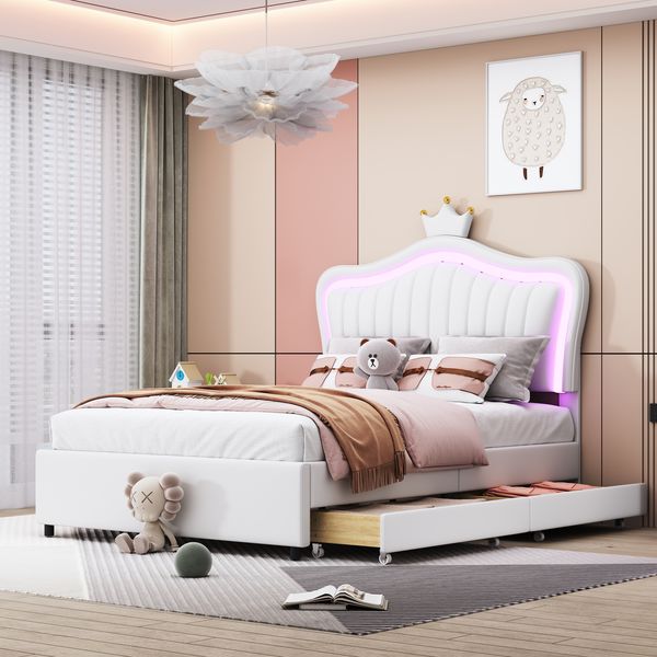 Kinderbett Polsterbett 90 x 200 cm, Weißes Kronen-Mädchen-Einzelbettgestell aus PU-Leder mit Stauraumschubladen, LED-Leuchten, Lattenrost und Rückenlehne